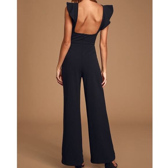 LULU'S SZ M Black Feel Your Love Round Neck Ruffled Wide-Leg Jumpsuit b49 - Picture 2 of 11